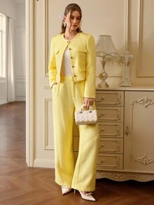 Aveloria 女士优雅两件套：圆领粗花呢夹克，金属纽扣装饰仿口袋和裤子，秋季