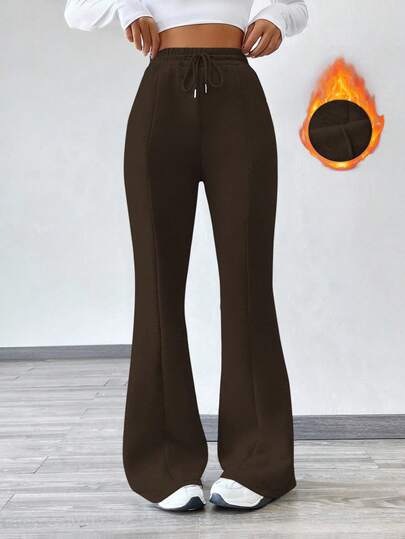 Flirla Women's Solid Color Drawstring Waist Flared Casual Fleece Sweatpants