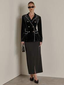 COSMINA Damen Blazer mit Fake-Perlen-Dekor am Kragen, Langarm, Doppelreiher, eleganter Blazer, Samt-Schwarz-Mantel für Herbst und Winter