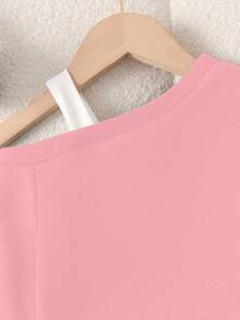 女宝宝秋冬新款独特时尚斜肩黑色打底长袖卫衣和裤子套装 - 粉色 - 查看 3