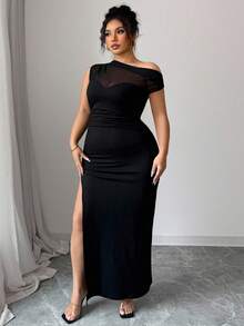 Arcane Artistry 性感黑色透明网眼拼布不对称褶皱高开衩大码女式连衣裙 - 黑色 - 查看 7