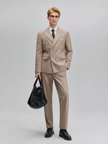 Officeau 男士 2 件組米色尖領雙排扣奢華西裝，西裝外套與長褲套裝，婚禮/晚宴燕尾服，送給父親/丈夫的禮物 - 米色 - 查看 6