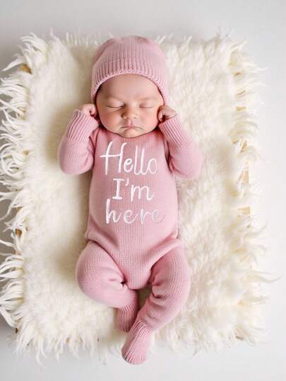 SHEIN 2Pcs Set "Hello I'm Here" Embroidery Newborn Boy Girl Photography Outfits Knitting Baby Romper Footed Jumpsuit With Hat Infant 1 Month 100 Days Photo Props Fall Winter