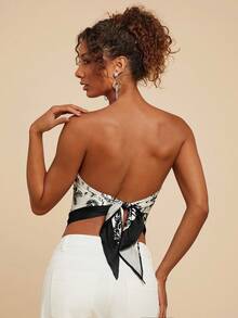 Travachic 女士不对称下摆棕榈树印花时尚抹胸上衣 - 杏色 - 查看 2