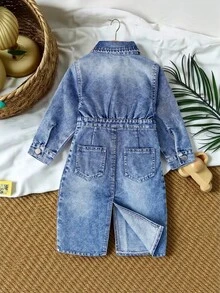 SHEIN Vintaside Kids Baby Girls' Denim Dress, Spring & Autumn New Arrival, Blue Denim With Slit Hem, Casual, Chic, Versatile, Suitable For School, Party, Daily Wear, Vacation, Commute, Home Fall Winter - Medium Wash - View 2