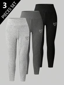 Sparklyn Tween Girl 3pcs Embroidery Heart Pattern High Waist Rib-Knit Leggings Fall Winter