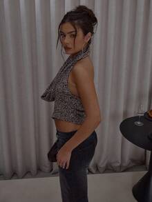 MUSERA 深V不对称下摆针织上衣，街头风可爱优雅休闲性感，适合秋季外出、假日、派对、春夏节日等场合。 - 棕色 - 查看 4