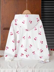 青少年女孩休闲百搭百搭甜美可爱樱桃图案连帽宽松口袋拉链夹克运动衫，秋冬秋季 - 白色 - 查看 2