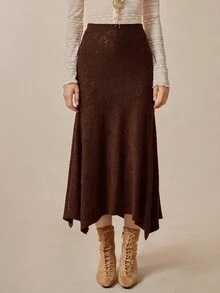 Florisole Women's Elastic Waist Asymmetric Hem Elegant Skirt - Brown - View 4