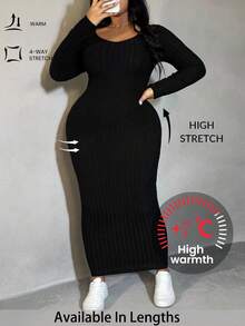 SHEIN PETITE CURVE Plus Solid Ribbed Knit Bodycon Dress - Black - View 1