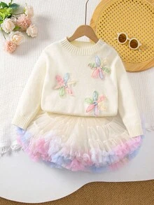 Sparklyn Young Girl Floral Pattern Crew Neck Sweater, Autumn/Winter Fall Girl's Single Sweater Top, Excluding Skirt - Beige - View 1