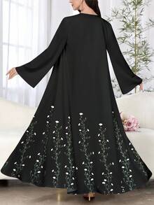 SHEIN Najma 女式花卉印花黑色长袖休闲阿拉伯长袍，春秋款