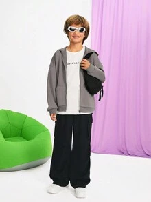 SHEIN Tween Boys 宽松休闲街头灰色超宽松落肩后背字母星星印花连帽拉链运动衫夹克 - 深灰色 - 查看 8