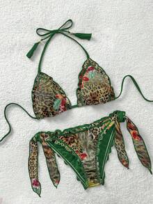 Soleia 复古彩色豹纹、斑马纹、花卉印花荷叶边挂脖系带流苏装饰沙滩比基尼套装，女士豹纹比基尼，波西米亚风比基尼，荷叶边比基尼 - 彩色 - 查看 7