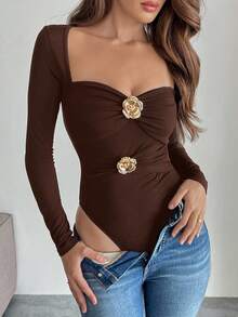 Firerie 女款黑色十字褶皱 3D 花卉长袖上衣 - 棕色 - 查看 2