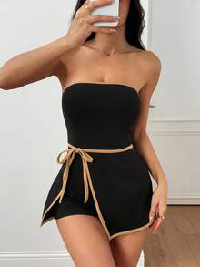 SHEIN PETITE 休闲商务撞色边无袖连衣连衣裙 - 黑色 - 查看 7