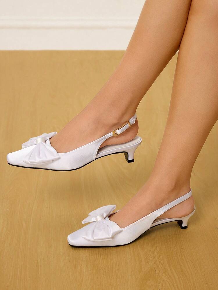 CUCCOO HITCHD Women's Satin Bow Square Toe Low Heel White High Heels, Elegant, Luxurious, Romantic, Sexy, Fashion Dress Shoes For Wedding, Date, Party, Formal Occasion, Vacation, Cocktail, Nightclub