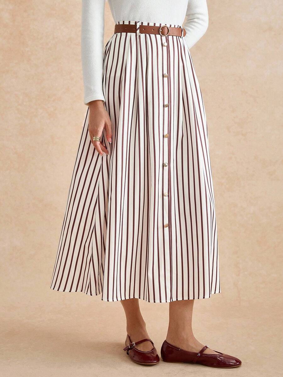 Écloséra 休闲时尚百搭弹性腰带搭配棕色皮带百褶长裙 - 咖啡棕 - 查看 1