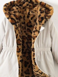 SHEIN 女婴新生儿0-3岁保暖双面连帽仿毛皮法兰绒豹纹/纯黑色中长外套，秋冬季 - 彩色 - 查看 6