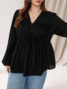 Auralis 大码女装秋冬时尚休闲宽松舒适日常修身褶皱吊带长袖黑色衬衫、女式衬衫、秋季服装、曲线可爱上衣 - 黑色 - 查看 1