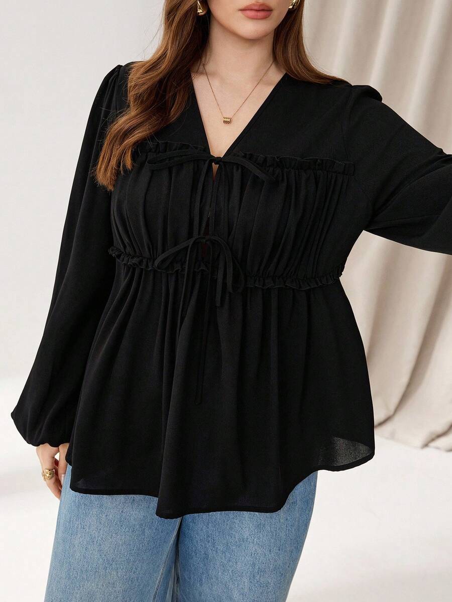 Auralis 大码女装秋冬时尚休闲宽松舒适日常修身褶皱吊带长袖黑色衬衫、女式衬衫、秋季服装、曲线可爱上衣 - 黑色 - 查看 1