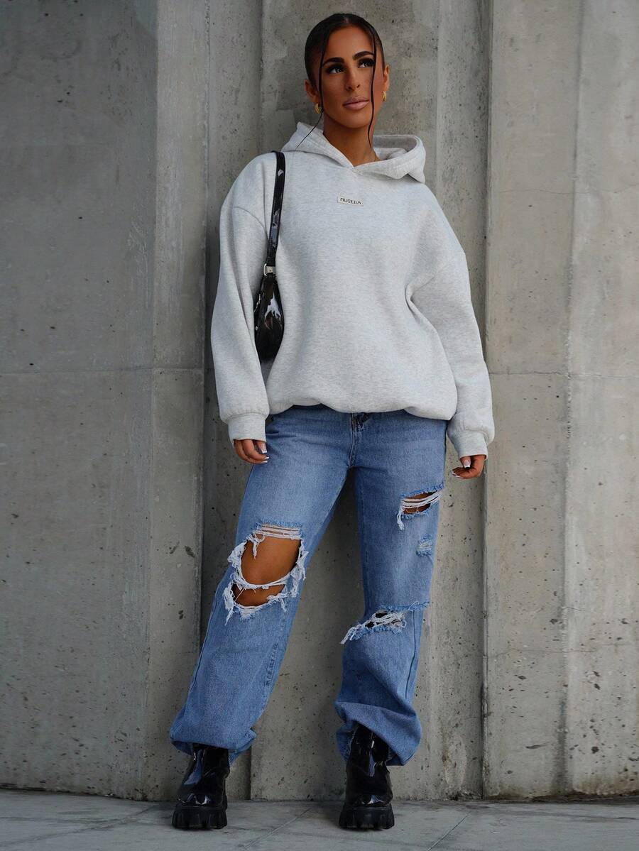 SAYEHFBABY Women's Loose Fit Casual Straight Leg Jeans With Pockets And Distressed Holes,Ladies Casual Pocket,Ripped,Zipper High Waist Straight Leg Long Medium Wash Cargo Pants Regular Fit Women Jeans,Spring/Fall,Casual Daily Wear - Medium Wash - View 1