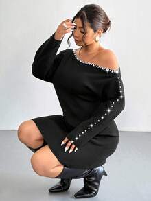 Firerie 大码女式黑色毛衣裙，珍珠串珠不对称领口，斜肩，长袖，腰部收紧 A 字短款毛衣裙，性感优雅，适合日常通勤、派对秋冬女士服装 - 黑色 - 查看 8