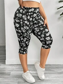 SHEIN Essnce 大码女式夏季七分裤，2 件印花紧身裤黑色紧身裤运动七分裤女式紧身裤，女式两件套黑色紧身裤秋装，教师装 - 彩色 - 查看 5