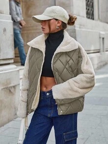 EURMUSE Padded Coat With Fur Collar And Patchwork, Two Pockets At Front, Snap Buttons, Quilting Details - Mocha Brown - View 3