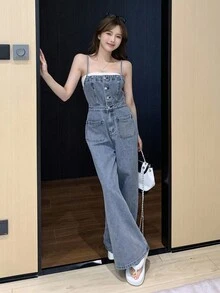 DAZY 女士牛仔工装裤和连体裤，简约时尚休闲日常服装秋冬