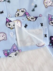 少女可爱深色小猫印花开衫和裤子休闲家居服套装，甜美可爱系列 - 藍色 - 查看 7