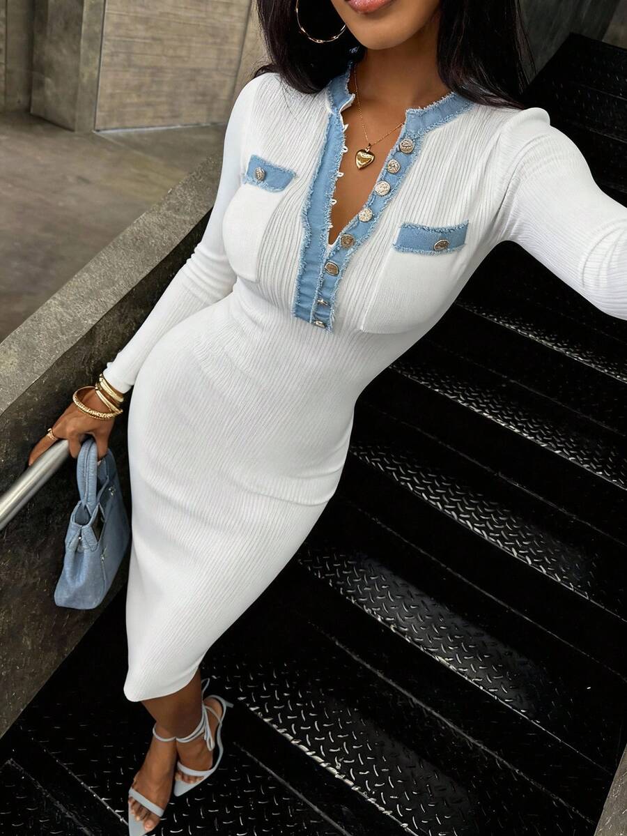 INAWLY Women's Autumn Fashionable Commuter Fitted Knit Dress - White - View 1