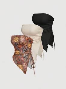 SHEIN MOD 3pcs Women Drawstring Design Ruched Fashionable Tube Top, Halloween Costumes, Vacation Women, 2000s , Costume - Multicolor - View 14