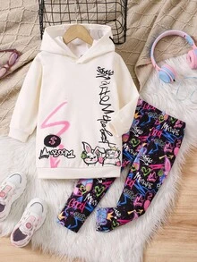 SHEIN 年轻女孩 2 件套：有趣的图案印花连帽运动衫和紧身裤，适合秋冬季、日常、休闲、运动、街头服饰