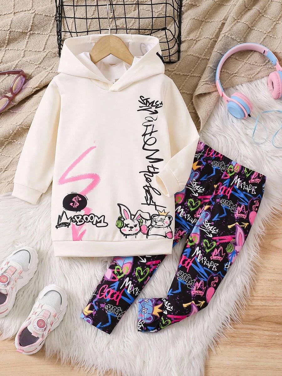 SHEIN 年轻女孩 2 件套：有趣的图案印花连帽运动衫和紧身裤，适合秋冬季、日常、休闲、运动、街头服饰