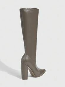 Daringsoles 尖头粗高跟秋冬靴，弹力紧身黑色侧拉链性感女式过膝靴，PU 皮革高筒靴 - 灰色 - 查看 9