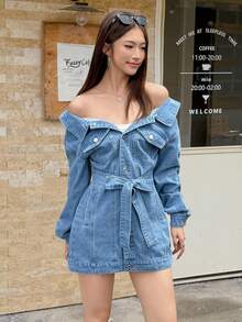 SHEIN EZwear 女式长袖单排扣时尚露肩性感牛仔连衣裙 - 藍色 - 查看 4