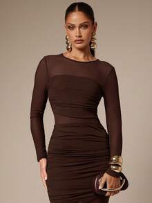 Silquee Đầm ôm xếp ly lưới cổ tròn tay dài màu trơn cho nữ - Cà phê nâu - Xem 7