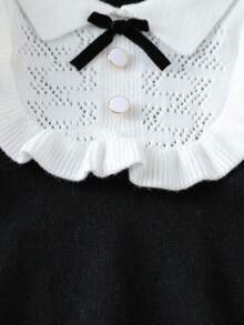 SHEIN Playful Pals Baby Girls Knitted Turtleneck Long Sleeve Sweater Dress, Versatile Black & Beige Color, Elegant Ruffled Hem & Bow Decor, Suitable For Autumn/Winter, Casual, Homewear, Outdoor, School, Travel Black And White Baby Dress Baby Girl Black Dress Black Dress White Collar Baby Baby Girl Black Knit Dress Toddler Black And White Dress Fall