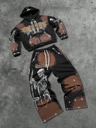 Street Life Men's Gothic Skeleton & Cross Print Zip-Up Hoodie Set With Sweatpants, Suitable For Autumn/Winter
