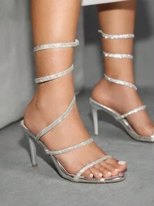 CUCCOO SZL Pointed Toe Stiletto Rhinestone Embellished Sexy Women's High Heel Sandals - Silver - View 9