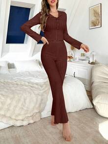 SHEIN 1 Set Women's Solid Color Brushed V-Neck Slim Fit Long Sleeve Top & Pants Pajama Set, Cozy Outfit, Fall Winter Clothes - Brown - View 3