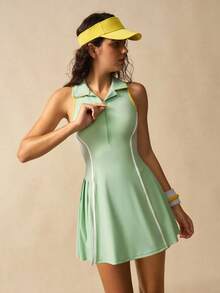 VARSIVA Women's Casual Contrast Trim Zipper Half-Zip Sports Dress Green Tennis Dress