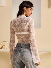 Bluhae Women's Lace Sheer Bell Sleeve V-Neck Blouse, Autumn - White - View 2