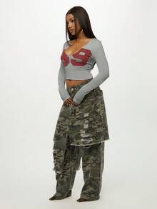 SUMWON WOMEN Cotton Women Long Sleeve V Neck Crop Top Butterfly Print Design Casual Fall Fashion Slim Fit Retro Y2K Style Everyday Basic Top - Grey - View 4