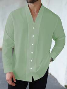 Manfinity Homme Áo sơ mi tay dài cài nút màu xanh lá cây trơn thường ngày cỡ lớn dành cho nam, dành cho mùa thu - màu xanh lá - Xem 4