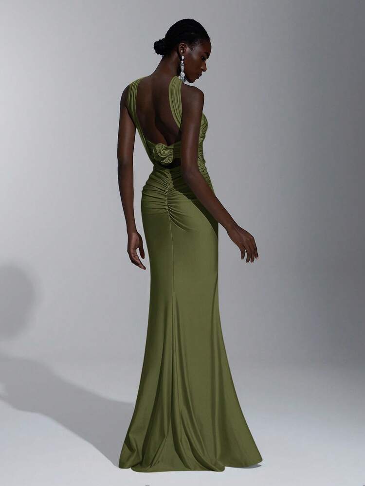 Elitara Elegant, Romantic, Sexy, Minimalist Design Bodycon Dress With Elastic Knit, Spaghetti Straps, Open Back, Fitted Waist. Fashion, Influencer Style, Suitable For Holidays, Parties, Weddings, Bridesmaids Green - Army Green - View 2