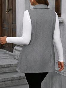 SHEIN CURVE+ Plus Size Women's Elegant Herringbone Thick Woolen Blazer, Notched Collar, Double-Breasted, Contrast Button Design, A-Line Waist, Fashionable, Suitable For Outings, Parties, Dates, Christmas, Sleeveless Woolen Vest - Grey - View 2
