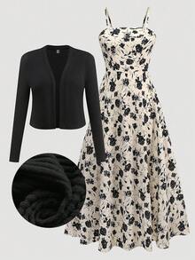 Franclia 大码女式纯色长袖开衫夹克和花卉印花吊带背心连衣裙优雅套装，秋季 - 彩色 - 查看 3