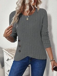 EMERY ROSE Women's Solid Color Round Neck Long Sleeve Button Design Ribbed Casual T-Shirt - Grey - View 4